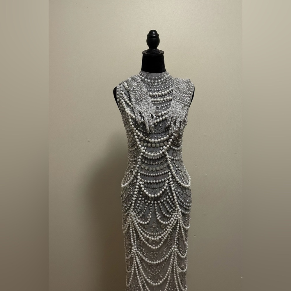 Luxe Pearl & Crystal Embellished Gown + Matching Gloves Set - Avant Garde
